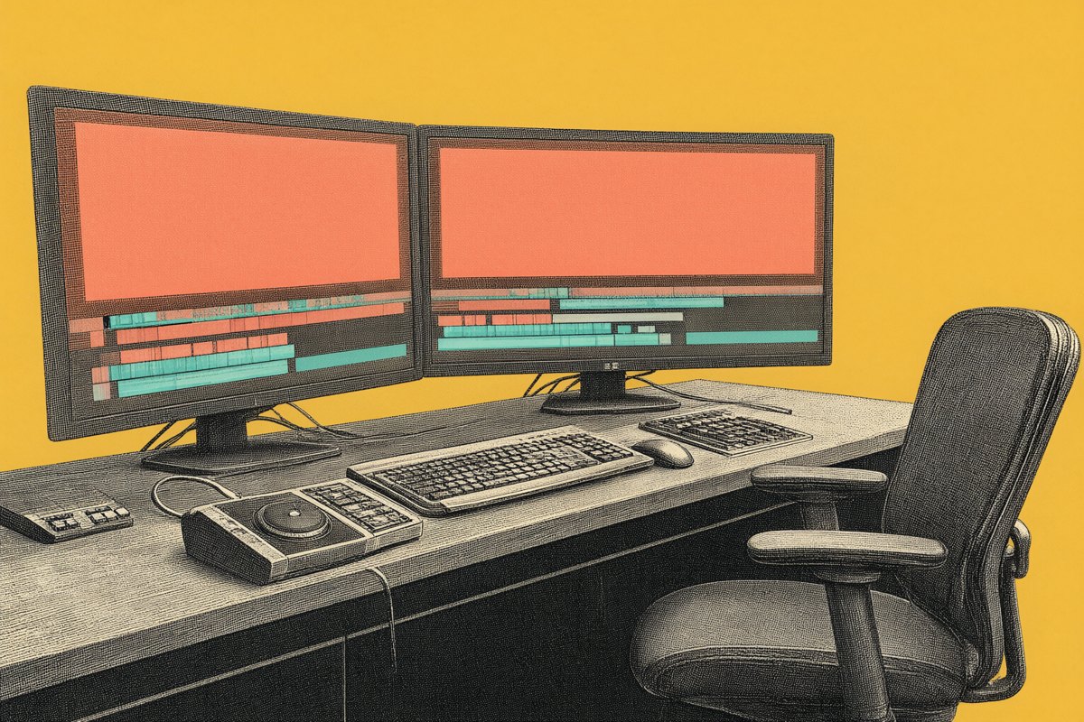 A broadcast edit suite, where transcript tools now sit beside the timeline.