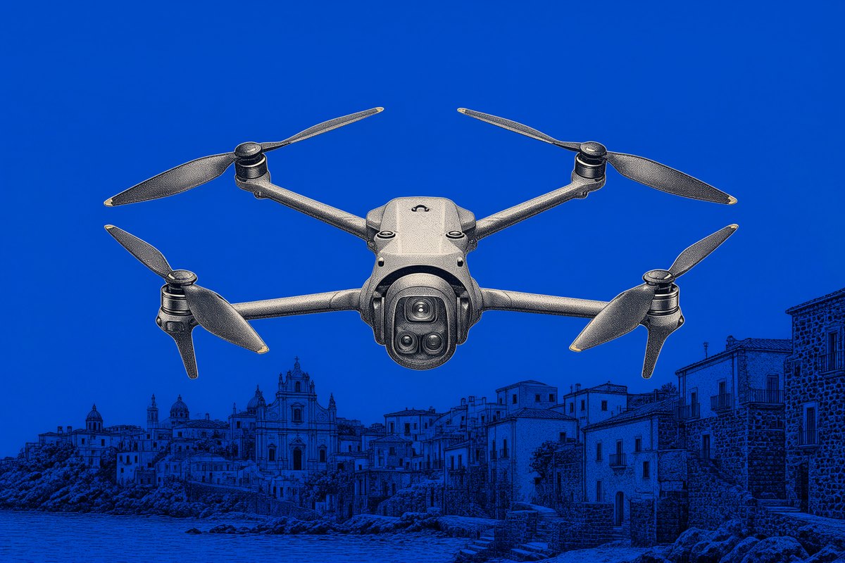 A drone over a Sicilian coastal town: Italy's rules depend on where you fly.