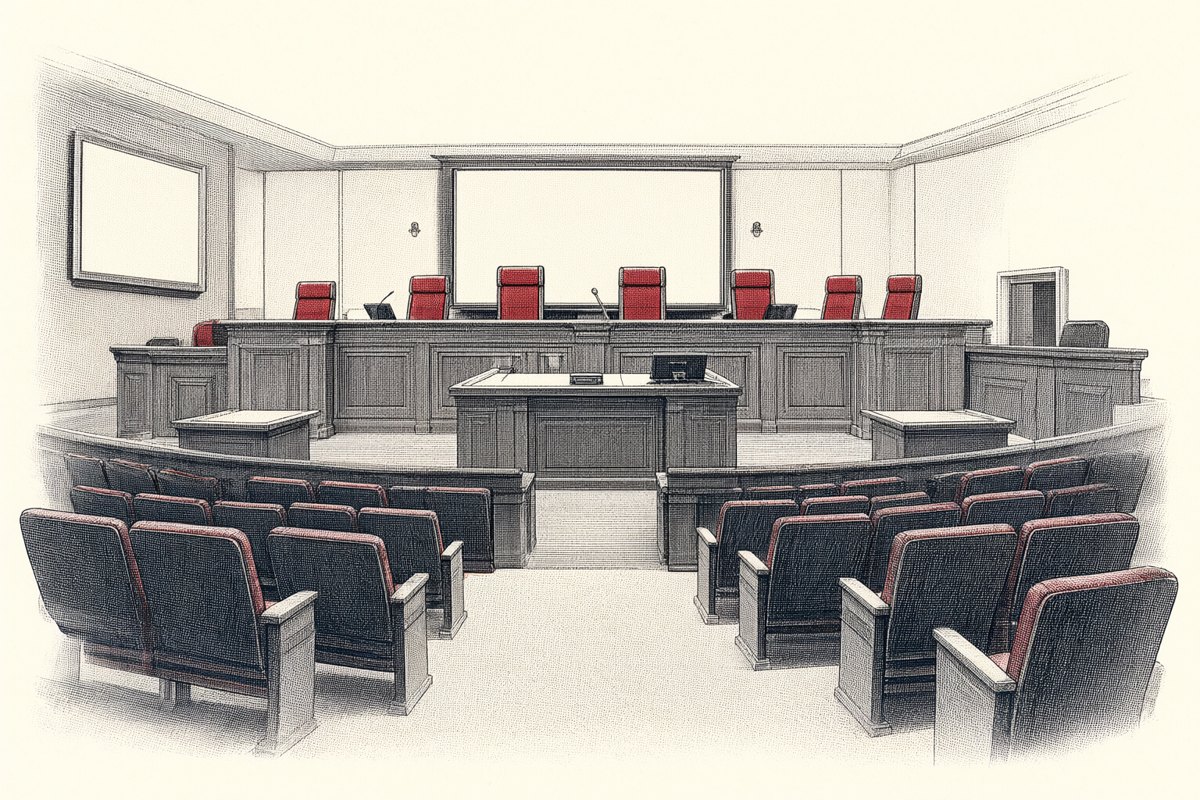 An empty courtroom: where an AI-shot claim could end up.